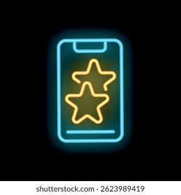 Glowing neon line icon of smartphone with five star rating on screen, concept of customer product review