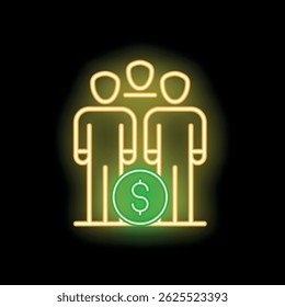 Glowing neon line icon of three business people standing over a dollar coin sign on black background