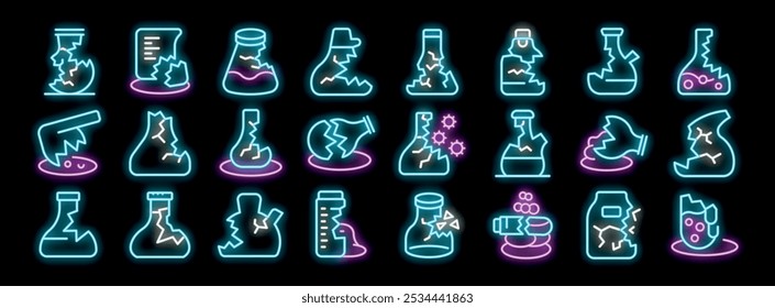 Iconos de línea de neón brillante de tubos de ensayo y matraces químicos rotos, que representan un experimento fallido o un accidente en un laboratorio