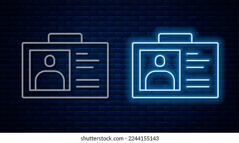 Glowing neon line Identification badge icon isolated on brick wall background. It can be used for presentation, identity of the company, advertising.  Vector