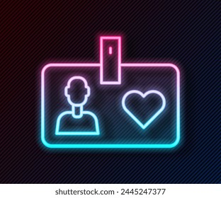 Glowing neon line Identification card volunteer icon isolated on black background. Volunteer id card or badge.  Vector