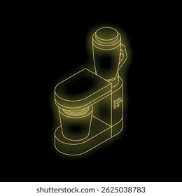 Glowing neon line illustration of a modern kitchen appliance food processor with a blender attachment