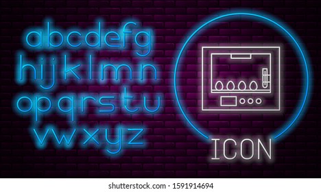 Glowing neon line Incubator for eggs icon isolated on brick wall background. Neon light alphabet. Vector Illustration