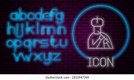 Glowing neon line Indian man plays flute icon isolated on brick wall background. Artist playing Bansuri folk music of India. Neon light alphabet. Vector.