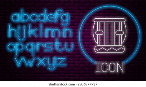 Glowing neon line Indian musical instrument tabla icon isolated on brick wall background. Neon light alphabet. Vector