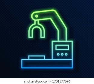 Glowing neon line Industrial machine robotic robot arm hand factory icon isolated on blue background. Industrial robot manipulator.  Vector Illustration