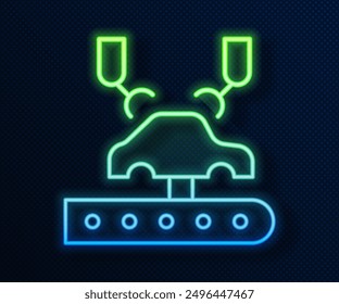 Glowing neon line Industrial machine robotic robot arm hand on car factory icon isolated on blue background. Industrial automation production automobile.  Vector