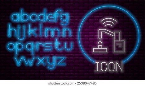 Glowing neon line Industrial machine robotic robot arm hand factory icon isolated on brick wall background. Industrial robot manipulator. Neon light alphabet. Vector