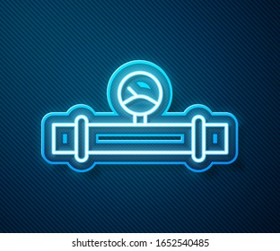 Glowing neon line Industry metallic pipe and manometer icon isolated on blue background.  Vector Illustration