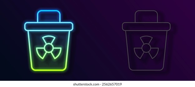 Glowing neon line Infectious waste icon isolated on black background. Tank for collecting radioactive waste. Dumpster or container. Biohazardous substances.  Vector