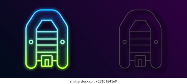 Glowing neon line Inflatable boat with outboard motor icon isolated on black background.  Vector