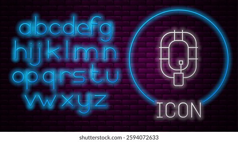 Glowing neon line Inflatable boat icon isolated on brick wall background. Rafting boat. Water sports, extreme sports, holiday, vacation. Neon light alphabet. Vector