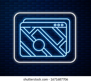 Glowing neon line Infographic of city map navigation icon isolated on brick wall background. Mobile App Interface concept design. Geolacation concept.  Vector Illustration