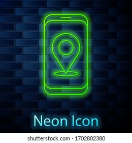 Glowing neon line Infographic of city map navigation icon isolated on brick wall background. Mobile App Interface concept design. Geolacation concept. Vector Illustration