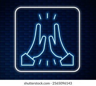 Glowing neon line Informal greeting icon isolated on brick wall background. Happy people giving high five.  Vector