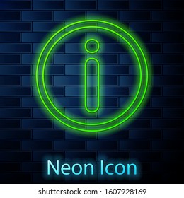 Glowing neon line Information icon isolated on brick wall background.  Vector Illustration