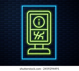 Glowing neon line Information stand icon isolated on brick wall background.  Vector