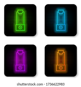 Glowing neon line Inhaler icon isolated on white background. Breather for cough relief, inhalation, allergic patient. Black square button. Vector Illustration
