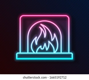 Glowing neon line Interior fireplace icon isolated on black background.  Vector Illustration