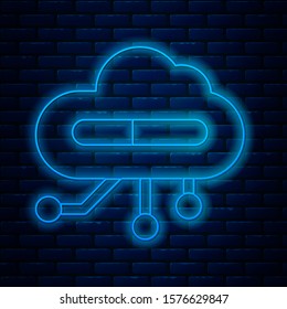 Glowing neon line Internet of things icon isolated on brick wall background. Cloud computing design concept. Digital network connection.  Vector Illustration