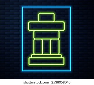 Glowing neon line Inukshuk icon isolated on brick wall background.  Vector
