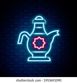 Glowing neon line Islamic teapot icon isolated on brick wall background. Colorful outline concept. Vector