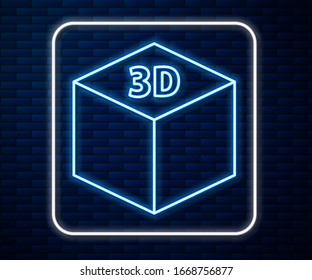 Glowing neon line Isometric cube icon isolated on brick wall background. Geometric cubes solid icon. 3D square sign. Box symbol.  Vector Illustration