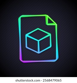 Glowing neon line Isometric cube file icon isolated on black background. Geometric cubes solid icon. 3D square sign. Box symbol.  Vector