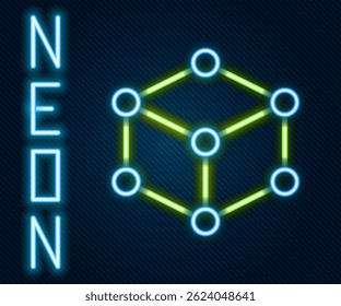Glowing neon line Isometric cube icon isolated on black background. Geometric cubes solid icon. 3D square sign. Box symbol. Colorful outline concept. Vector