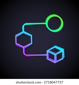 Glühende Neonlinie Isometrisches Würfel-Symbol einzeln auf schwarzem Hintergrund. Symbol für geometrische Würfel. 3D-Quadrat. Kastensymbol.  Vektorgrafik