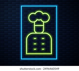 Glowing neon line Italian cook icon isolated on brick wall background.  Vector
