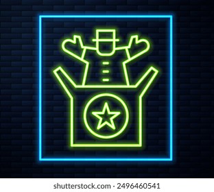 Línea de neón brillante Jack en el icono de juguete de la caja aislado en el fondo de la pared de ladrillo. Bufón fuera de la caja.  Vector