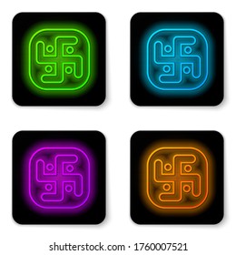 Glowing neon line Jainism icon isolated on white background. Black square button. Vector Illustration