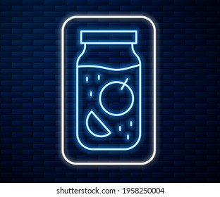 Glowing neon line Jam jar icon isolated on brick wall background.  Vector