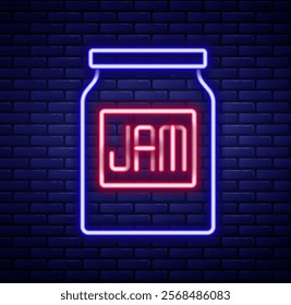 Glowing neon line Jam jar icon isolated on brick wall background. Colorful outline concept. Vector