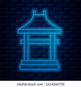 Glowing neon line Japan Gate icon isolated on brick wall background. Torii gate sign. Japanese traditional classic gate symbol.  Vector Illustration