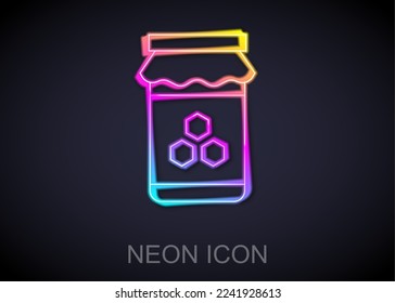 Glowing neon line Jar of honey icon isolated on black background. Food bank. Sweet natural food symbol.  Vector