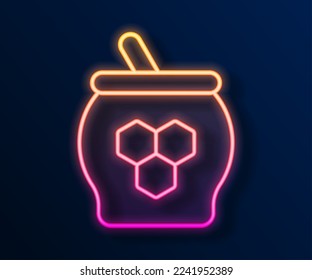 Glowing neon line Jar of honey and honey dipper stick icon isolated on black background. Food bank. Sweet natural food symbol. Honey ladle.  Vector