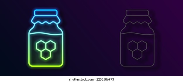 Glowing neon line Jar of honey icon isolated on black background. Food bank. Sweet natural food symbol.  Vector