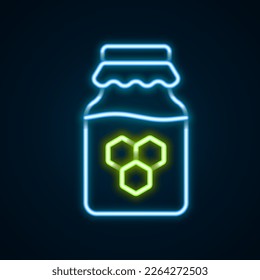 Glowing neon line Jar of honey icon isolated on black background. Food bank. Sweet natural food symbol. Colorful outline concept. Vector