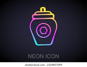 Glowing neon line Jar of honey icon isolated on black background. Food bank. Sweet natural food symbol.  Vector