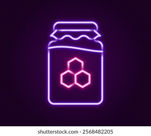 Glowing neon line Jar of honey icon isolated on black background. Food bank. Sweet natural food symbol. Colorful outline concept. Vector