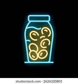 Glowing neon line jar of honey icon isolated on black background. Honey syrup bottle