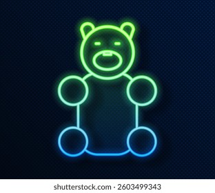 Glowing neon line Jelly bear candy icon isolated on blue background.  Vector