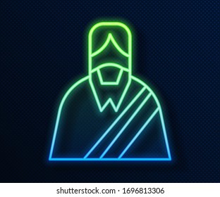 Glowing neon line Jesus Christ icon isolated on blue background.  Vector Illustration