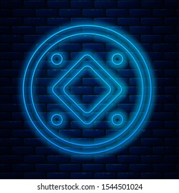 Glowing neon line Jewish coin icon isolated on brick wall background. Currency symbol.  Vector Illustration