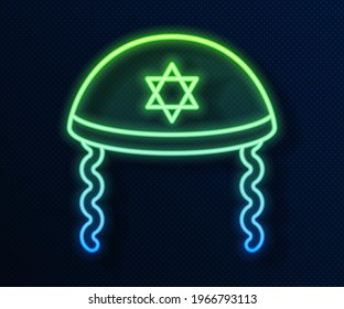 Glowing neon line Jewish kippah with star of david and sidelocks icon isolated on blue background. Jewish yarmulke hat.  Vector