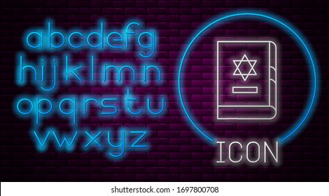 Glowing neon line Jewish torah book icon isolated on brick wall background. On the cover of the Bible is the image of the Star of David. Neon light alphabet. Vector Illustration