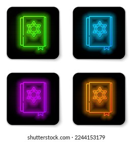 Glowing neon line Jewish torah book icon isolated on white background. Pentateuch of Moses. On the cover of the Bible is the image of the Star of David. Black square button. Vector