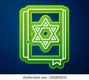 Glowing neon line Jewish torah book icon isolated on blue background. Pentateuch of Moses. On the cover of the Bible is the image of the Star of David.  Vector